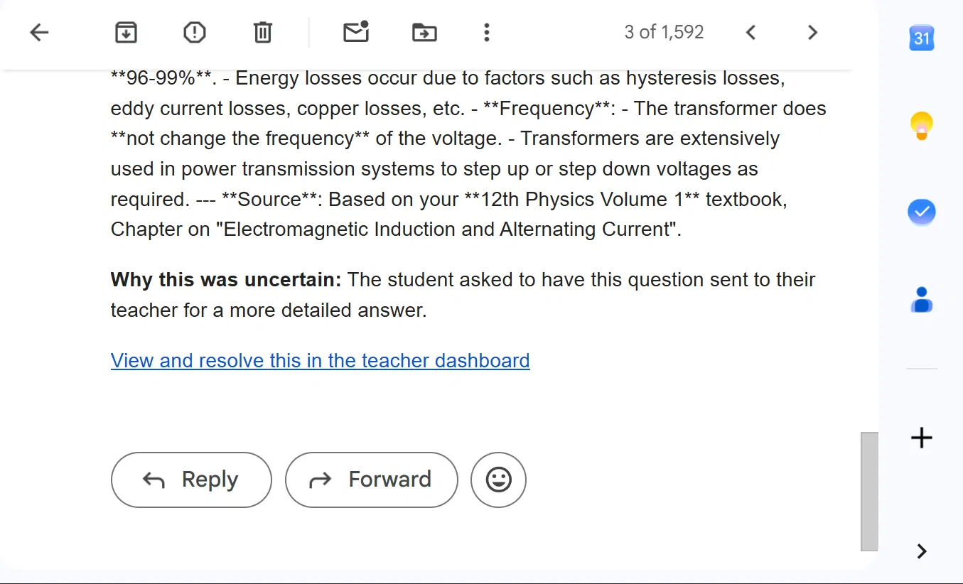 Aasiriyar AI — Teacher receives escalation email with full question context and source citation