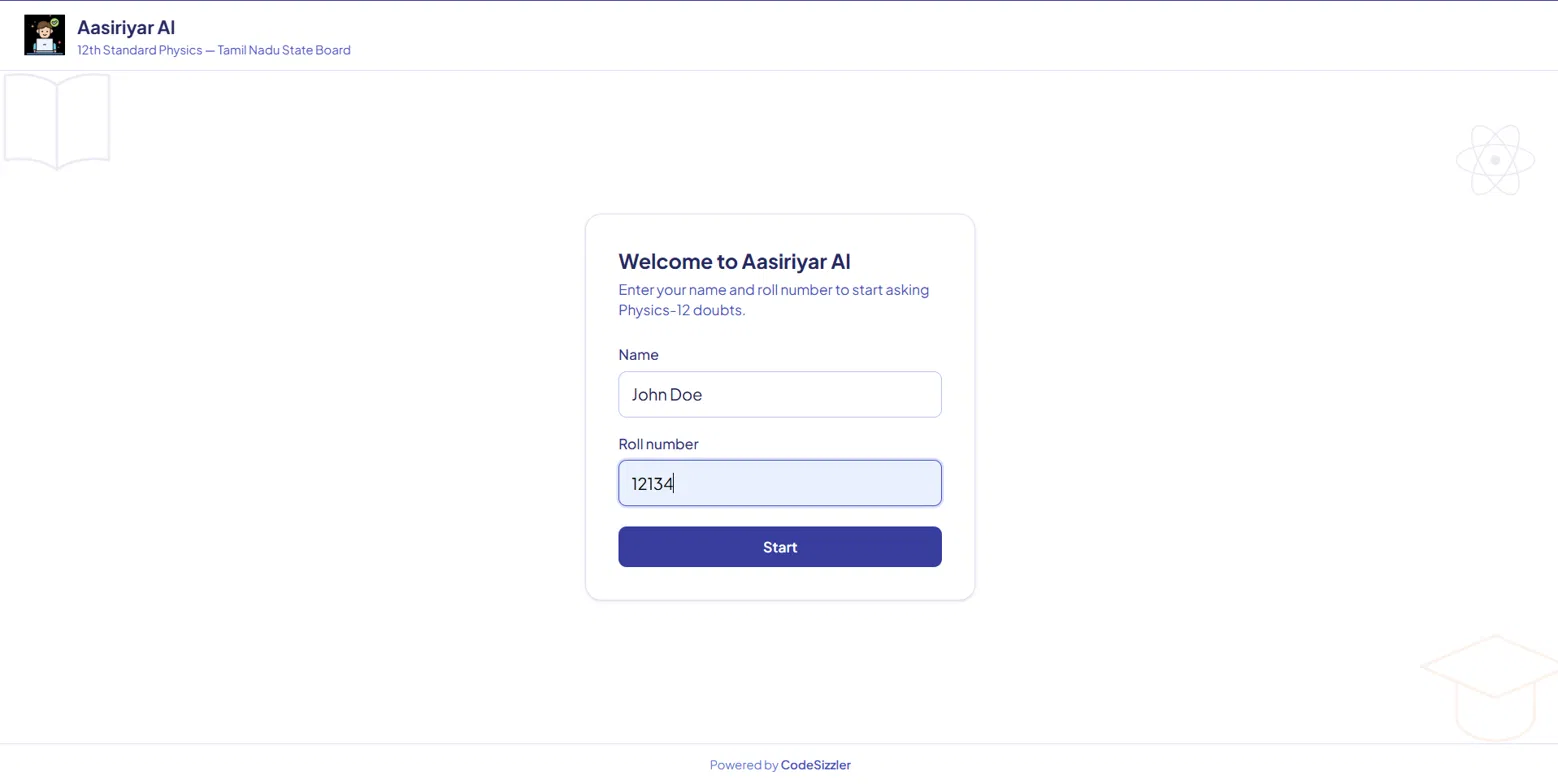 Aasiriyar AI — Student welcome and login screen